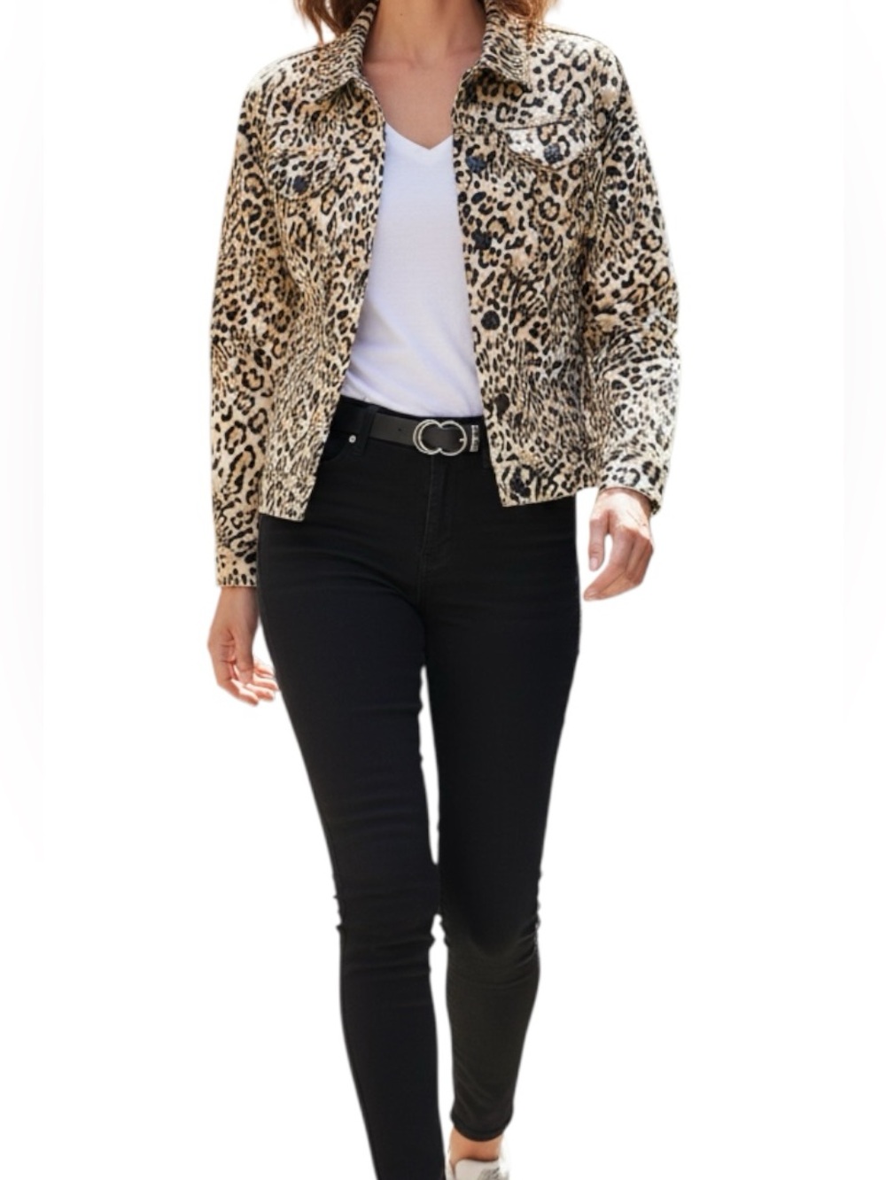 Chico's Animal Print Denim Jacket Tan Cream Black Size 00P